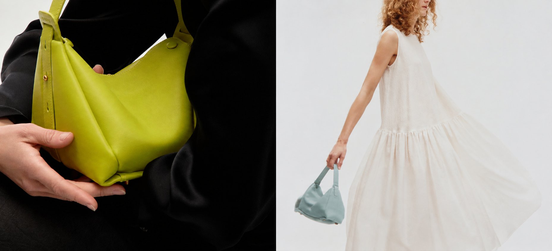 An Advene bag in lime leather, held against black silk